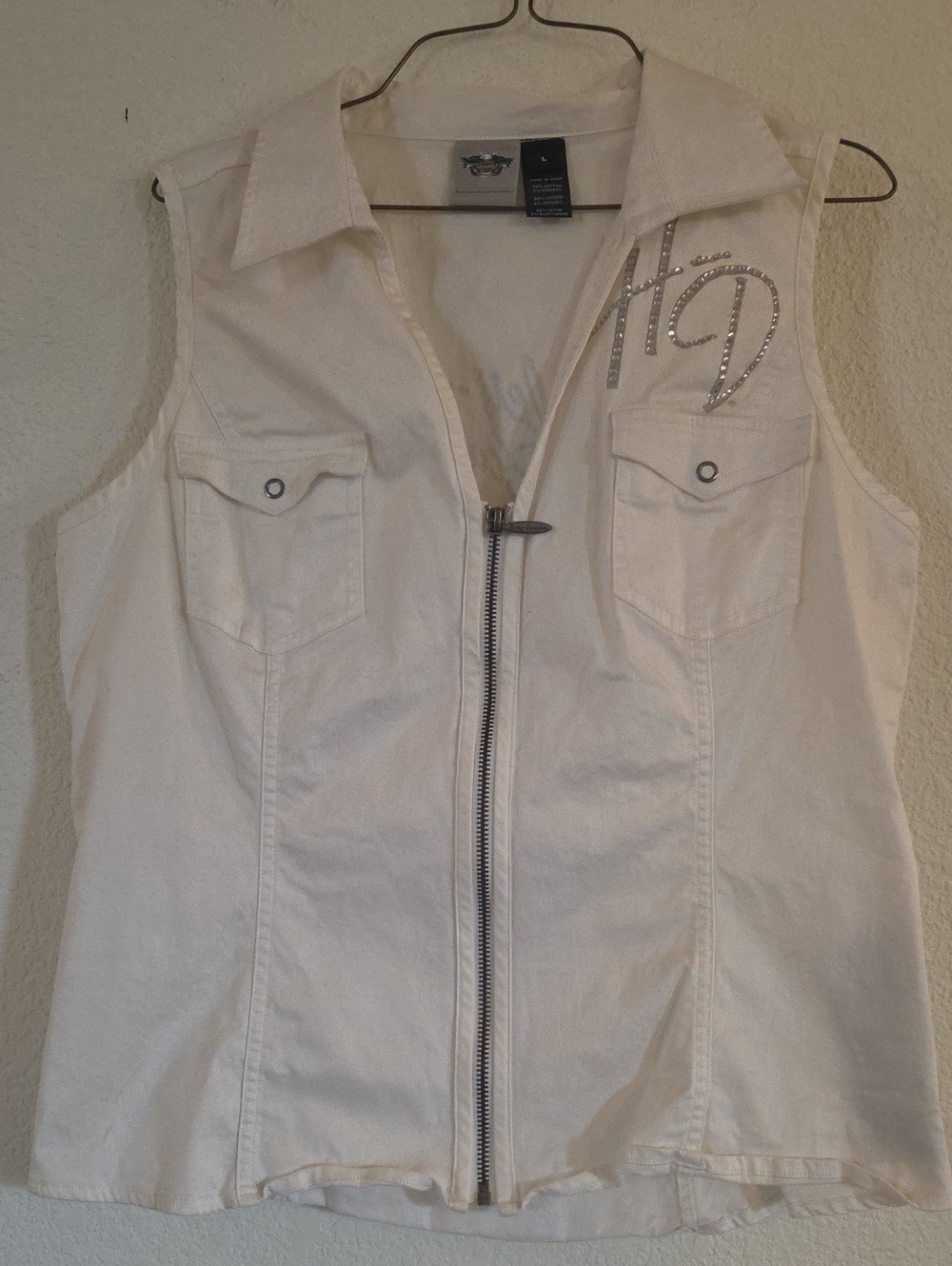 Harley-Davidson White Sleeveless Zip-Front Vest with Rhinestone HD